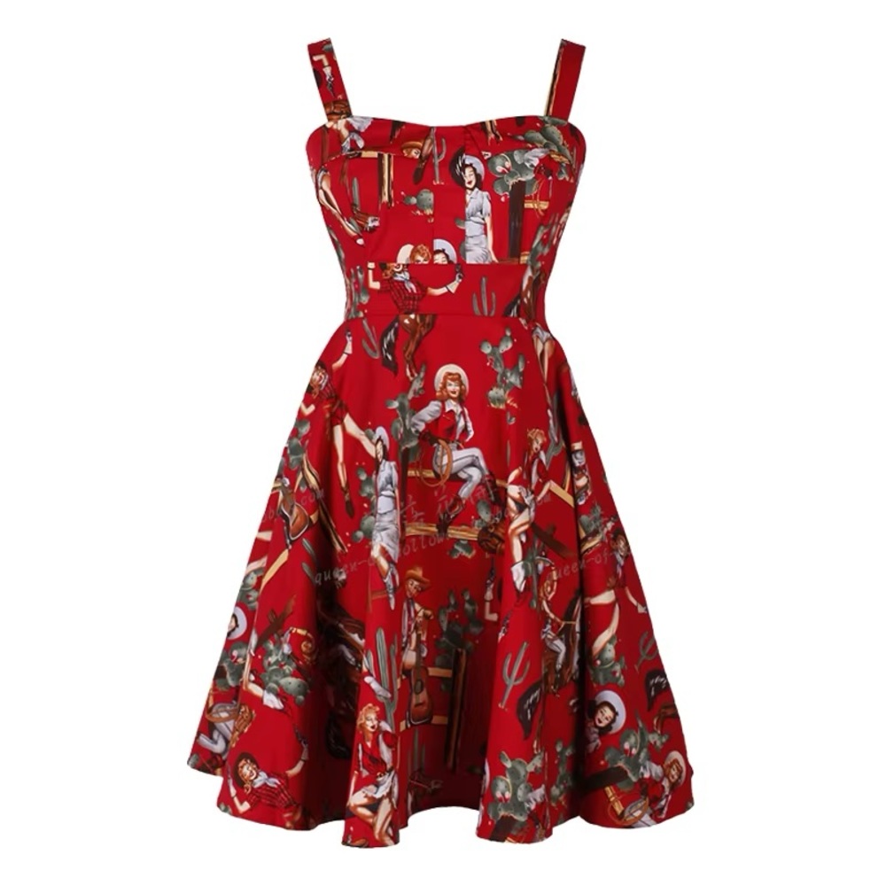 Red Vintage-Style Cowboy Print Mini Dress